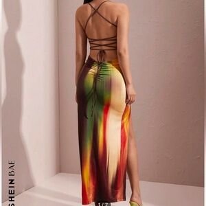 SHEIN Green and Yellow Maxi Pencil Dress with Slit